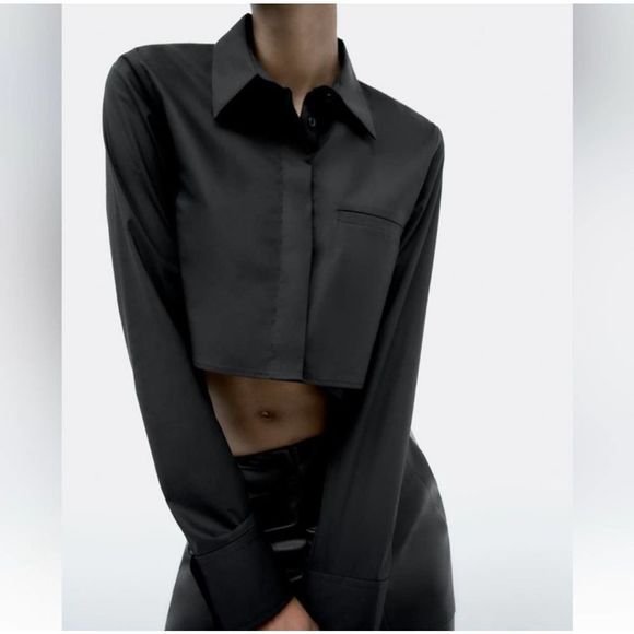 Zara NWT Long Sleeve Cropped Button Down Shirt Blouse Black Size XS Front Pocket - Picture 3 of 8